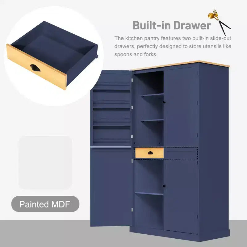 Freestanding Kitchen Pantry Storage Cabinet with 2 Drawers and 8 Door Shelves