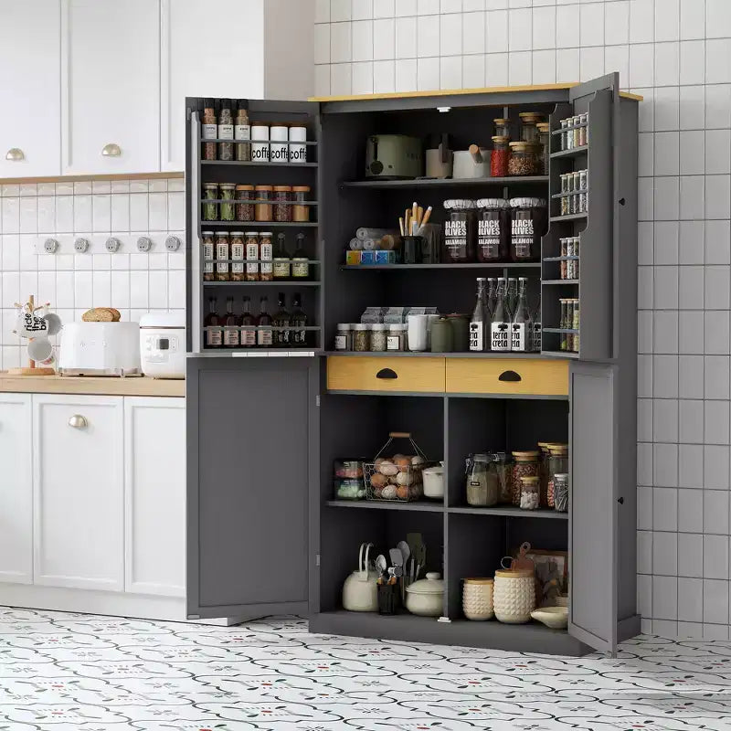 Freestanding Kitchen Pantry Storage Cabinet with 2 Drawers and 8 Door Shelves