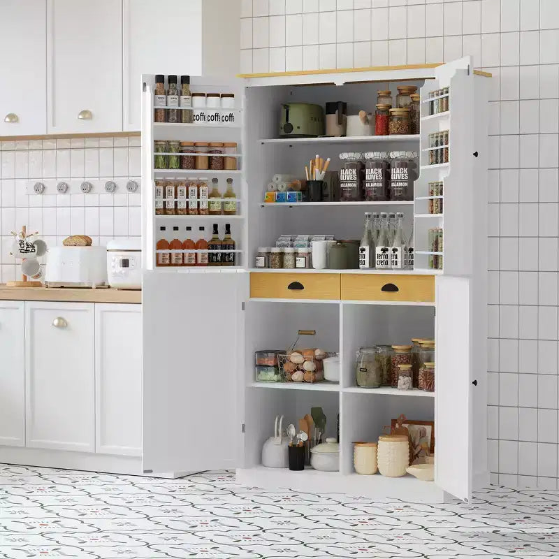 Freestanding Kitchen Pantry Storage Cabinet with 2 Drawers and 8 Door Shelves
