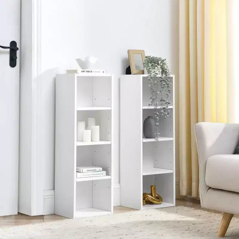 8-Tier Media Tower Rack - White MDF, Adjustable Shelves