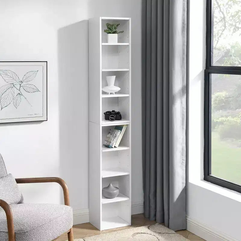 8-Tier Media Tower Rack - White MDF, Adjustable Shelves