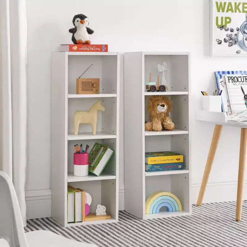 8-Tier Media Tower Rack - White MDF, Adjustable Shelves