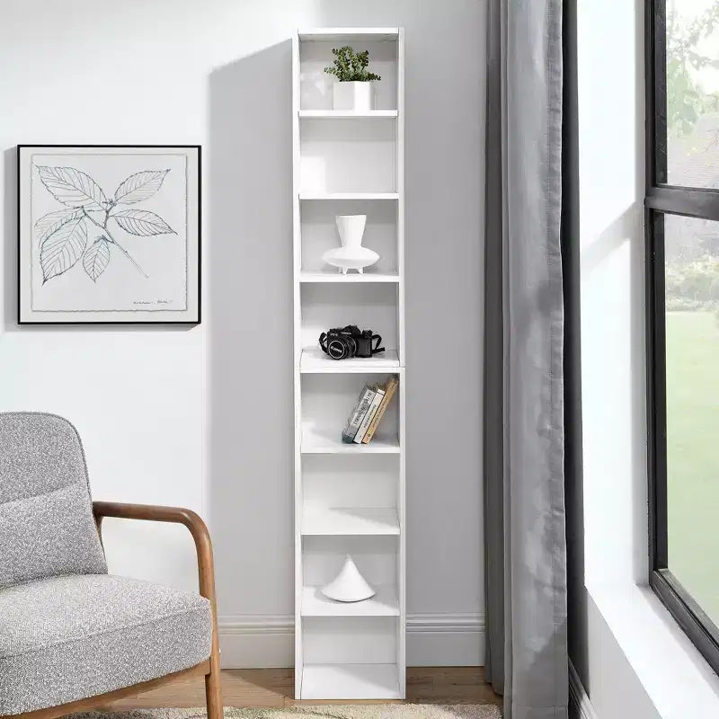 8-Tier Media Tower Rack - White MDF, Adjustable Shelves