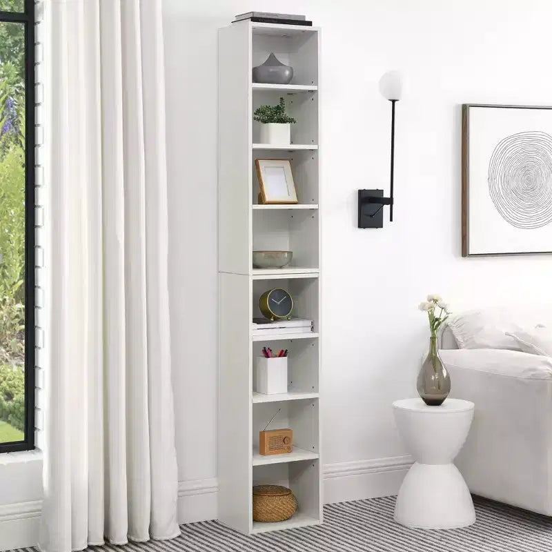 8-Tier Media Tower Rack - White MDF, Adjustable Shelves