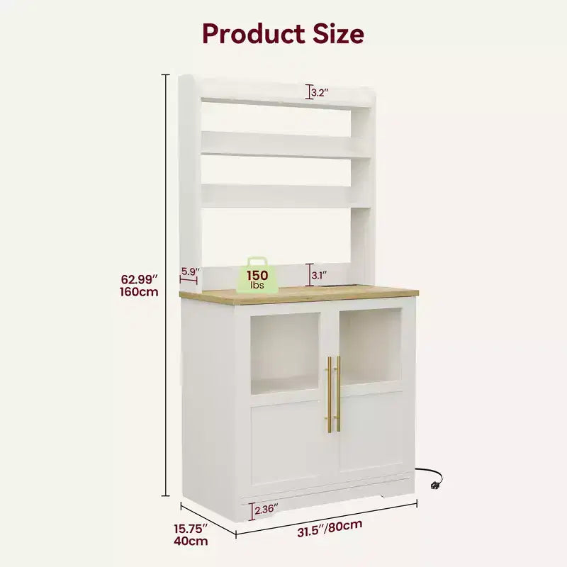 Kitchen Hutch Cabinet with USB & Power Outlets, Freestanding Microwave Stand, Glass Doors, 4 Adjustable Shelves, Farmhouse Pantry Storage