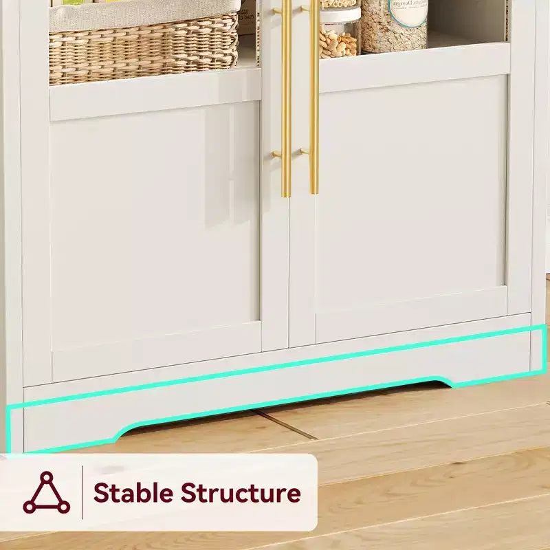 Kitchen Hutch Cabinet with USB & Power Outlets, Freestanding Microwave Stand, Glass Doors, 4 Adjustable Shelves, Farmhouse Pantry Storage