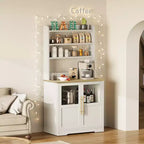 Kitchen Hutch Cabinet with USB & Power Outlets, Freestanding Microwave Stand, Glass Doors, 4 Adjustable Shelves, Farmhouse Pantry Storage