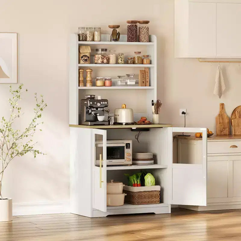 Kitchen Hutch Cabinet with USB & Power Outlets, Freestanding Microwave Stand, Glass Doors, 4 Adjustable Shelves, Farmhouse Pantry Storage