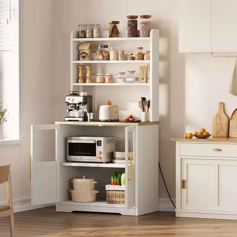 Kitchen Hutch Cabinet with USB & Power Outlets, Freestanding Microwave Stand, Glass Doors, 4 Adjustable Shelves, Farmhouse Pantry Storage