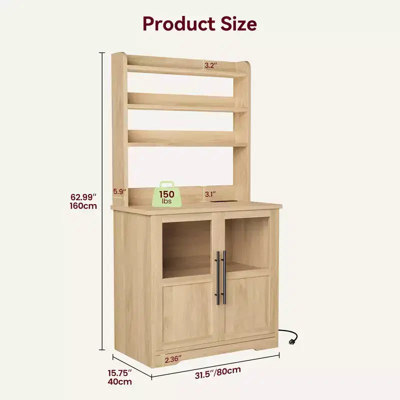 Kitchen Hutch Cabinet with USB & Power Outlets, Freestanding Microwave Stand, Glass Doors, 4 Adjustable Shelves, Farmhouse Pantry Storage