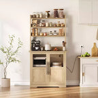 Kitchen Hutch Cabinet with USB & Power Outlets, Freestanding Microwave Stand, Glass Doors, 4 Adjustable Shelves, Farmhouse Pantry Storage