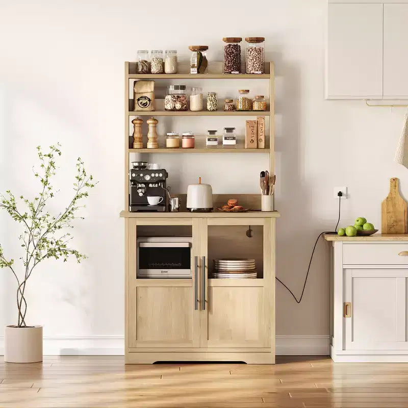 Kitchen Hutch Cabinet with USB & Power Outlets, Freestanding Microwave Stand, Glass Doors, 4 Adjustable Shelves, Farmhouse Pantry Storage