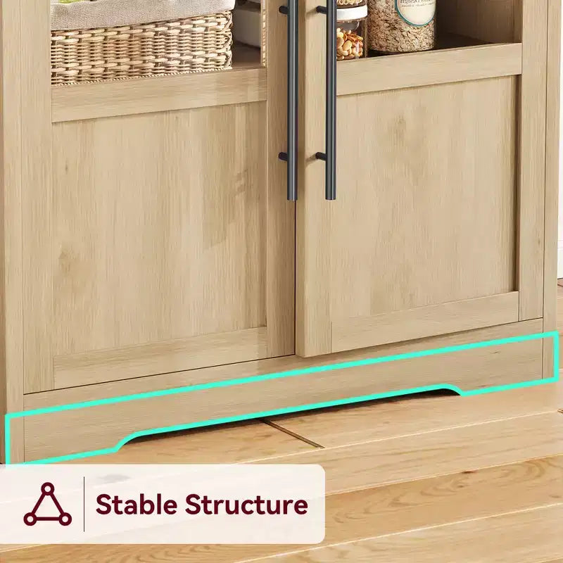 Kitchen Hutch Cabinet with USB & Power Outlets, Freestanding Microwave Stand, Glass Doors, 4 Adjustable Shelves, Farmhouse Pantry Storage