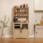 Kitchen Hutch Cabinet with USB & Power Outlets, Freestanding Microwave Stand, Glass Doors, 4 Adjustable Shelves, Farmhouse Pantry Storage