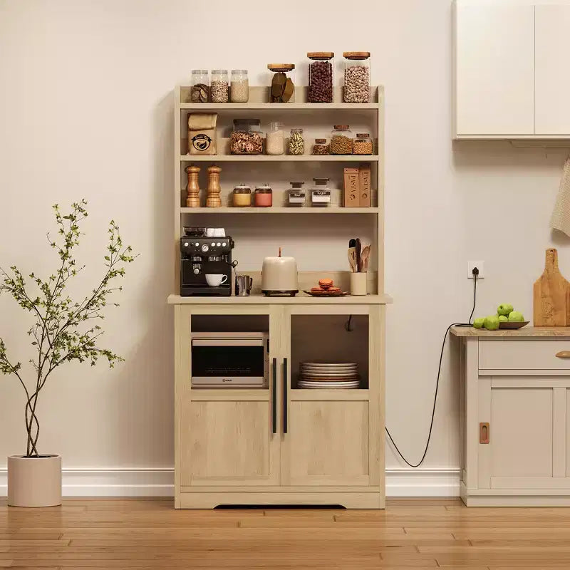 Kitchen Hutch Cabinet with USB & Power Outlets, Freestanding Microwave Stand, Glass Doors, 4 Adjustable Shelves, Farmhouse Pantry Storage