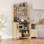 Kitchen Hutch Cabinet with USB & Power Outlets, Freestanding Microwave Stand, Glass Doors, 4 Adjustable Shelves, Farmhouse Pantry Storage