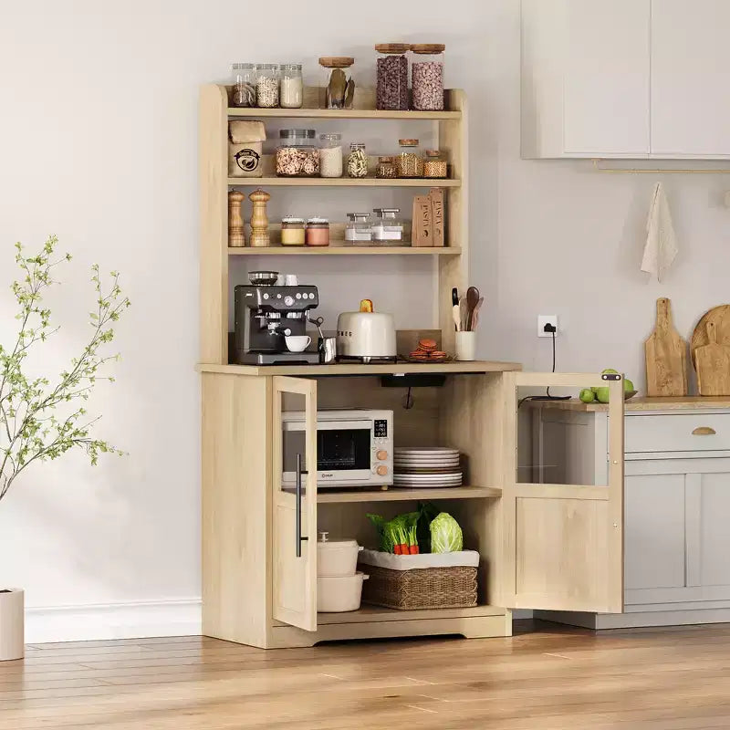 Kitchen Hutch Cabinet with USB & Power Outlets, Freestanding Microwave Stand, Glass Doors, 4 Adjustable Shelves, Farmhouse Pantry Storage