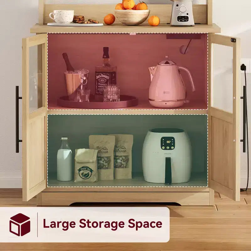 Kitchen Hutch Cabinet with USB & Power Outlets, Freestanding Microwave Stand, Glass Doors, 4 Adjustable Shelves, Farmhouse Pantry Storage