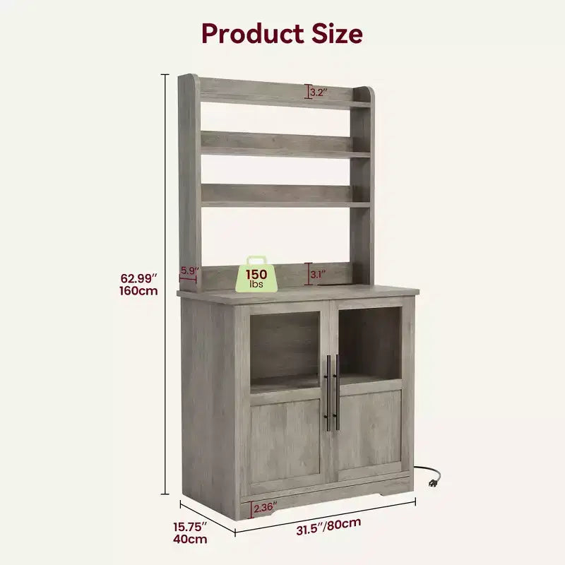 Kitchen Hutch Cabinet with USB & Power Outlets, Freestanding Microwave Stand, Glass Doors, 4 Adjustable Shelves, Farmhouse Pantry Storage