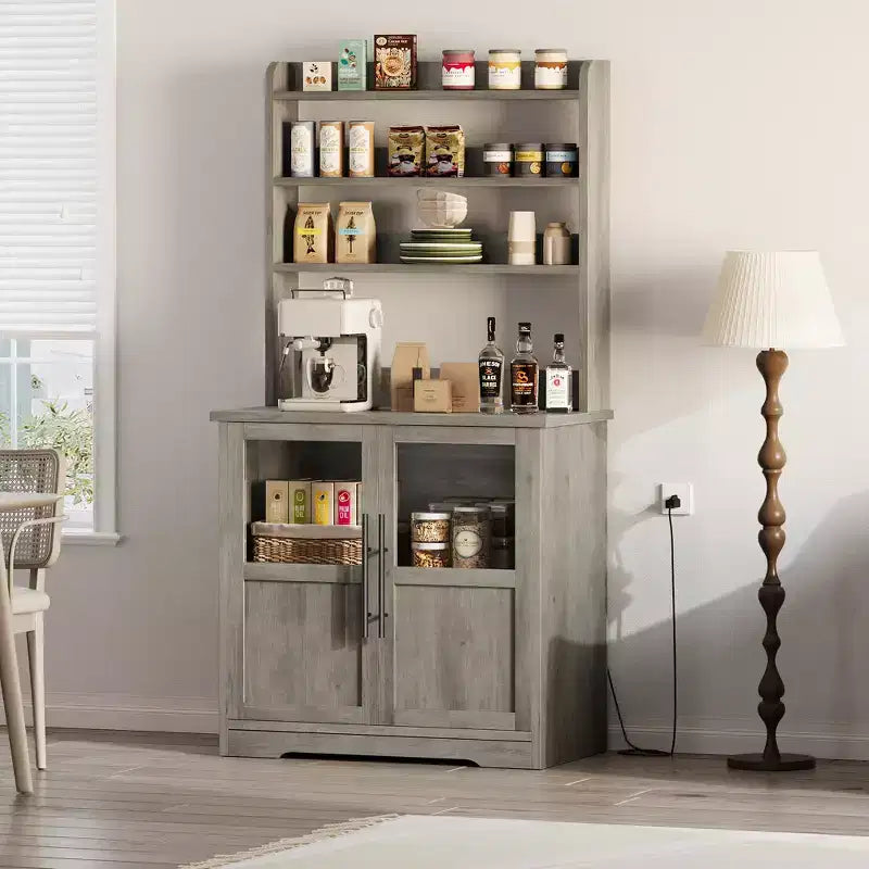 Kitchen Hutch Cabinet with USB & Power Outlets, Freestanding Microwave Stand, Glass Doors, 4 Adjustable Shelves, Farmhouse Pantry Storage