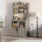 Kitchen Hutch Cabinet with USB & Power Outlets, Freestanding Microwave Stand, Glass Doors, 4 Adjustable Shelves, Farmhouse Pantry Storage
