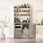 Kitchen Hutch Cabinet with USB & Power Outlets, Freestanding Microwave Stand, Glass Doors, 4 Adjustable Shelves, Farmhouse Pantry Storage