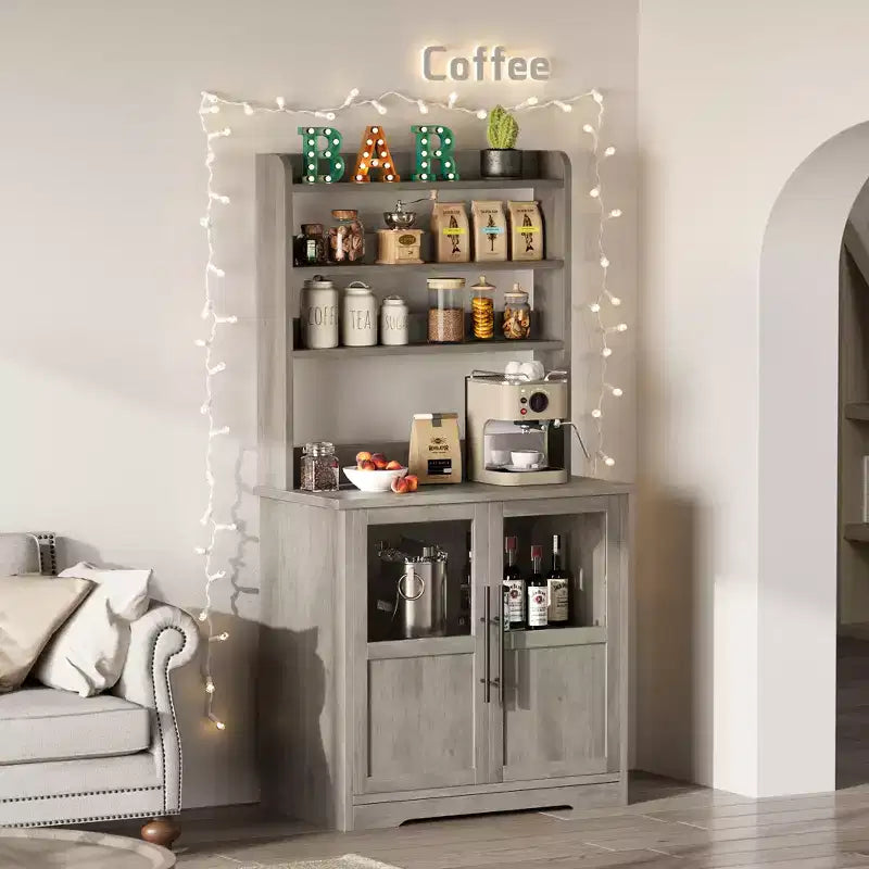 Kitchen Hutch Cabinet with USB & Power Outlets, Freestanding Microwave Stand, Glass Doors, 4 Adjustable Shelves, Farmhouse Pantry Storage