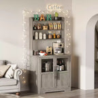 Kitchen Hutch Cabinet with USB & Power Outlets, Freestanding Microwave Stand, Glass Doors, 4 Adjustable Shelves, Farmhouse Pantry Storage