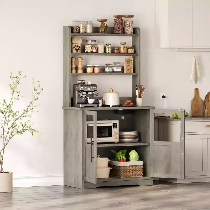 Kitchen Hutch Cabinet with USB & Power Outlets, Freestanding Microwave Stand, Glass Doors, 4 Adjustable Shelves, Farmhouse Pantry Storage