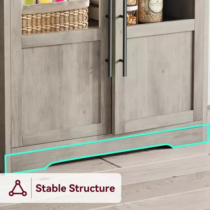 Kitchen Hutch Cabinet with USB & Power Outlets, Freestanding Microwave Stand, Glass Doors, 4 Adjustable Shelves, Farmhouse Pantry Storage