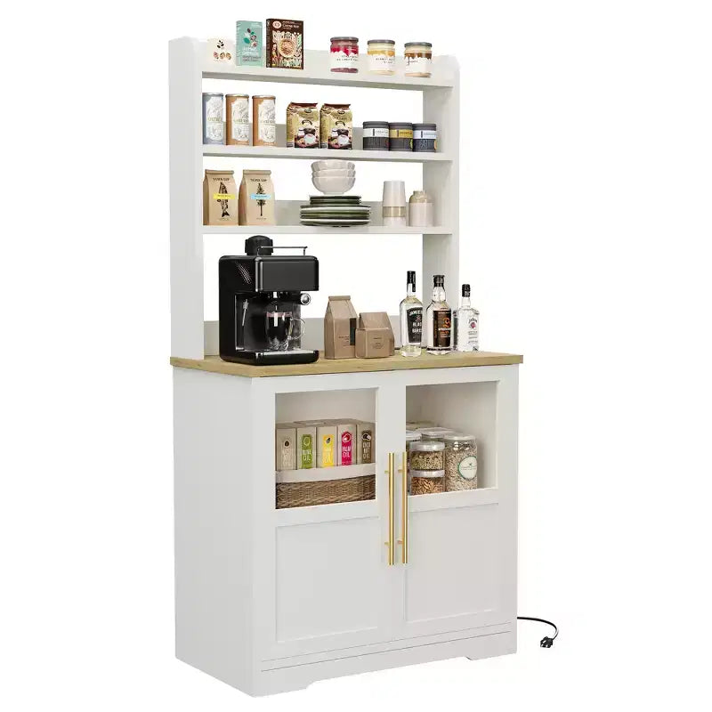 Kitchen Hutch Cabinet with USB & Power Outlets, Freestanding Microwave Stand, Glass Doors, 4 Adjustable Shelves, Farmhouse Pantry Storage