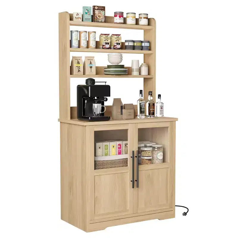 Kitchen Hutch Cabinet with USB & Power Outlets, Freestanding Microwave Stand, Glass Doors, 4 Adjustable Shelves, Farmhouse Pantry Storage