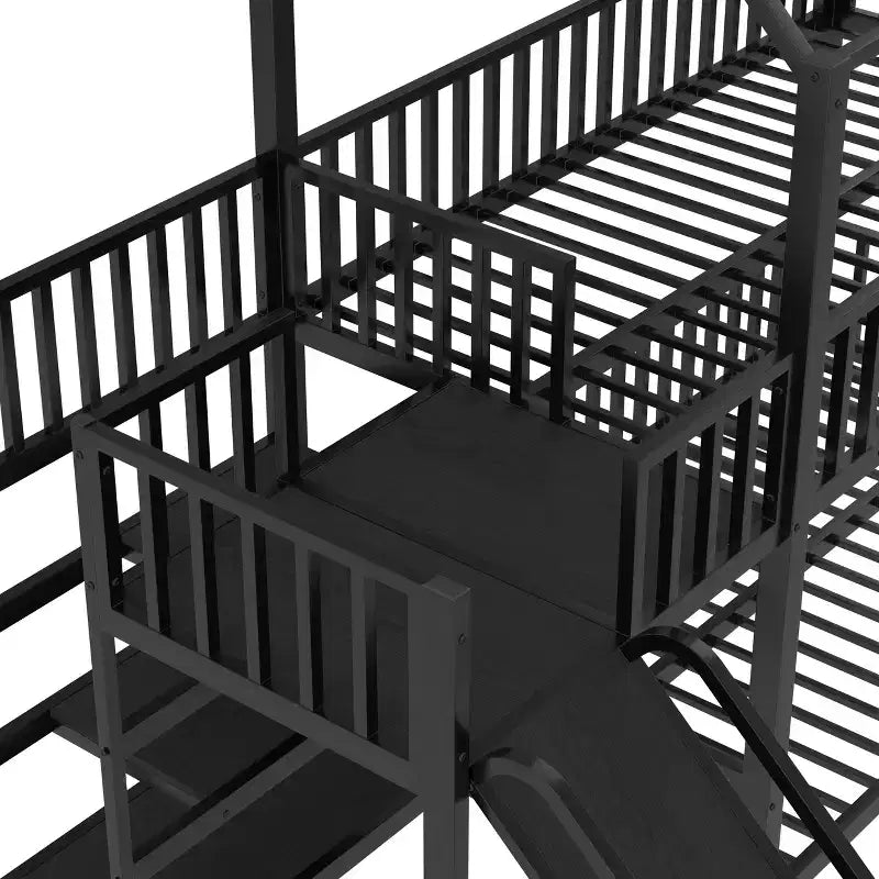 House Bunk Bed with Storage Stairs and Slide, Metal Frame with Safety Rails for Kids and Teens, Black