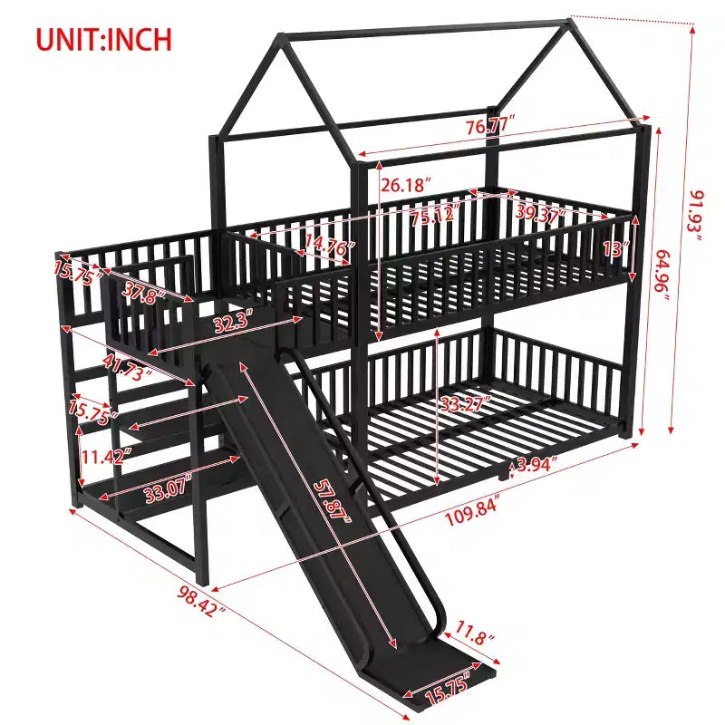 House Bunk Bed with Storage Stairs and Slide, Metal Frame with Safety Rails for Kids and Teens, Black