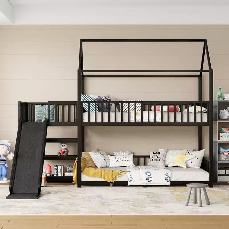 House Bunk Bed with Storage Stairs and Slide, Metal Frame with Safety Rails for Kids and Teens, Black