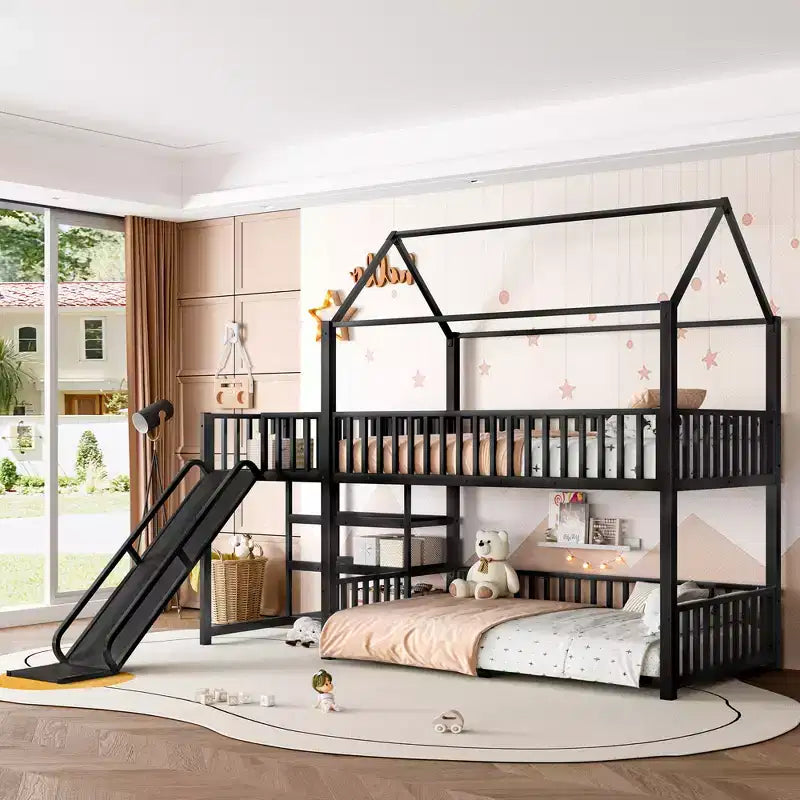 House Bunk Bed with Storage Stairs and Slide, Metal Frame with Safety Rails for Kids and Teens, Black
