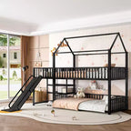 House Bunk Bed with Storage Stairs and Slide, Metal Frame with Safety Rails for Kids and Teens, Black