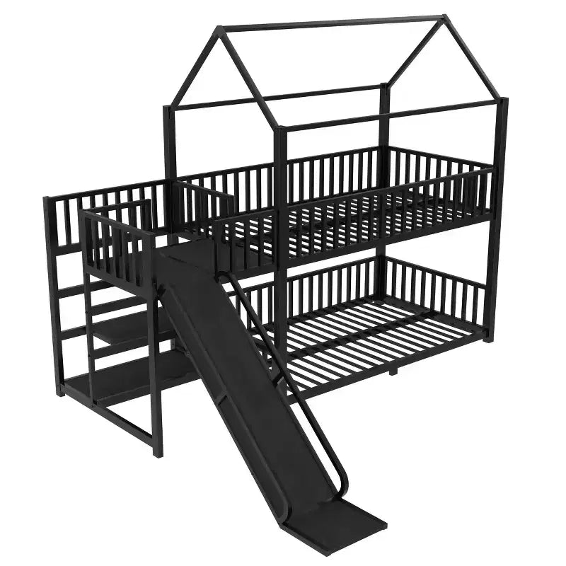 House Bunk Bed with Storage Stairs and Slide, Metal Frame with Safety Rails for Kids and Teens, Black