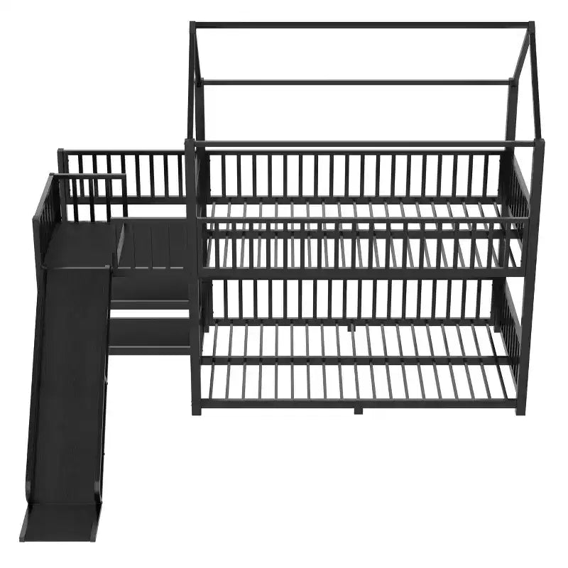 House Bunk Bed with Storage Stairs and Slide, Metal Frame with Safety Rails for Kids and Teens, Black