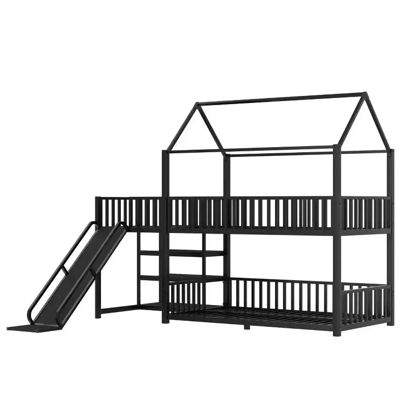 House Bunk Bed with Storage Stairs and Slide, Metal Frame with Safety Rails for Kids and Teens, Black
