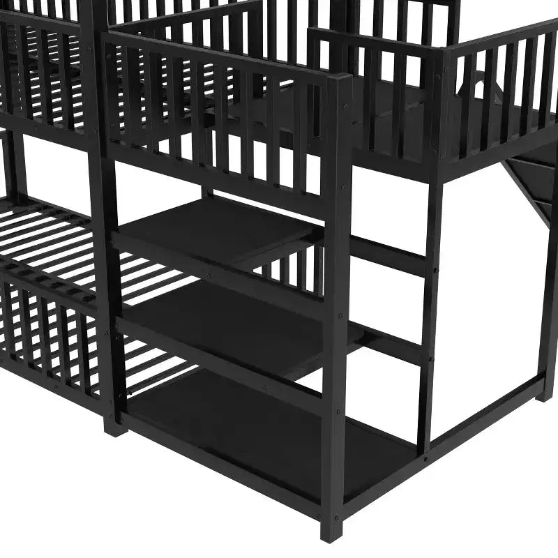 House Bunk Bed with Storage Stairs and Slide, Metal Frame with Safety Rails for Kids and Teens, Black