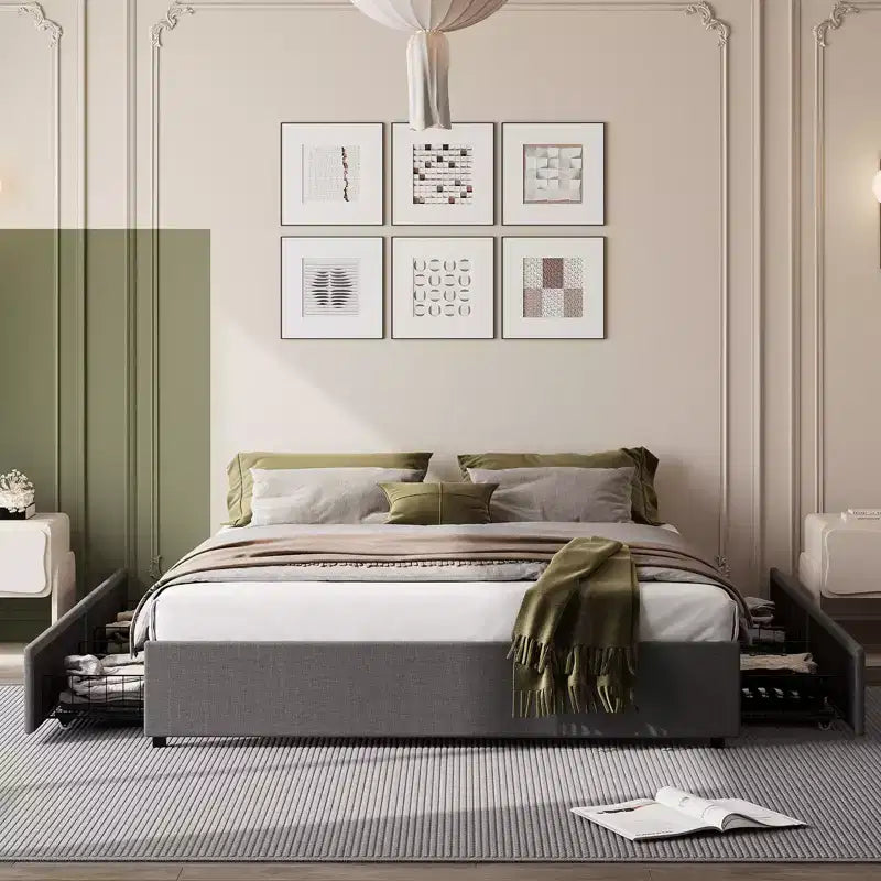 Coolmee King Size Bed Frame with 4 Storage Drawers, King Platform Bed with Linen Fabric Upholstered and Wooden Slats Support, No Box Spring Needed