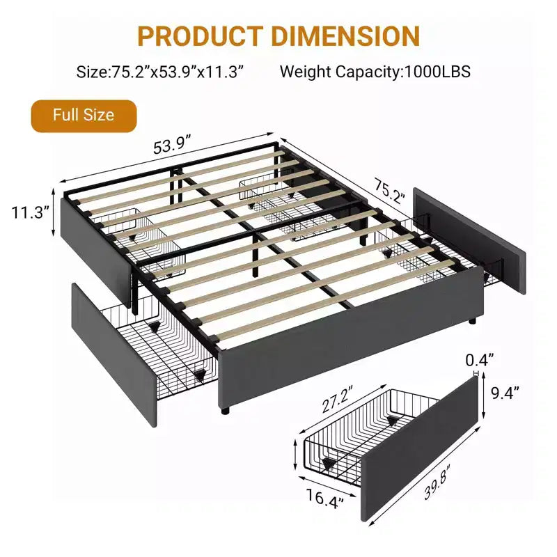 King Size Bed Frame with 4 Storage Drawers, Platform Bed with Linen Fabric Upholstered and Wooden Slats Support, No Box Spring Needed