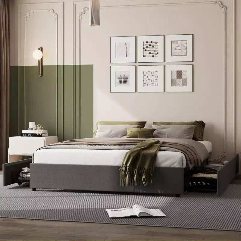 King Size Bed Frame with 4 Storage Drawers, Platform Bed with Linen Fabric Upholstered and Wooden Slats Support, No Box Spring Needed