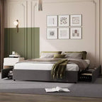 King Size Bed Frame with 4 Storage Drawers, Platform Bed with Linen Fabric Upholstered and Wooden Slats Support, No Box Spring Needed
