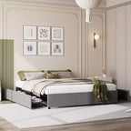 King Size Bed Frame with 4 Storage Drawers, Platform Bed with Linen Fabric Upholstered and Wooden Slats Support, No Box Spring Needed