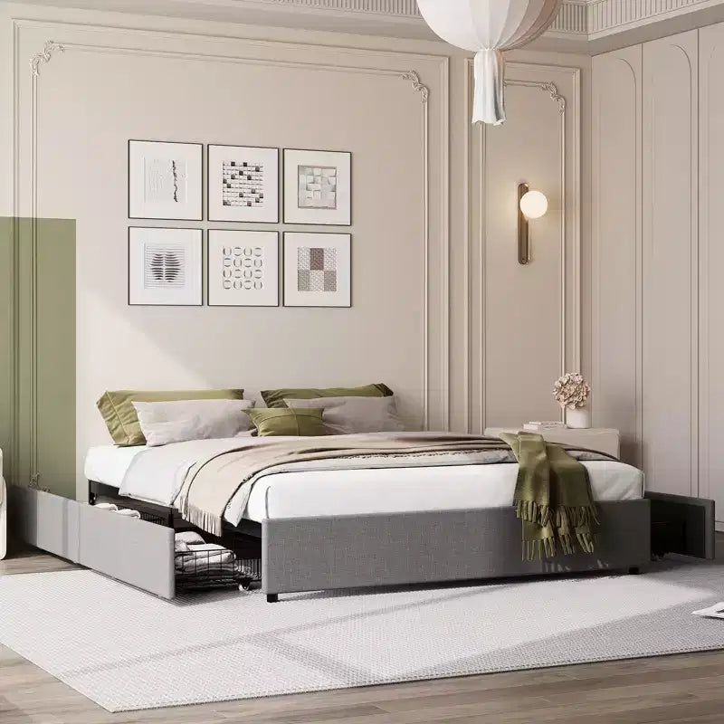 King Size Bed Frame with 4 Storage Drawers, Platform Bed with Linen Fabric Upholstered and Wooden Slats Support, No Box Spring Needed