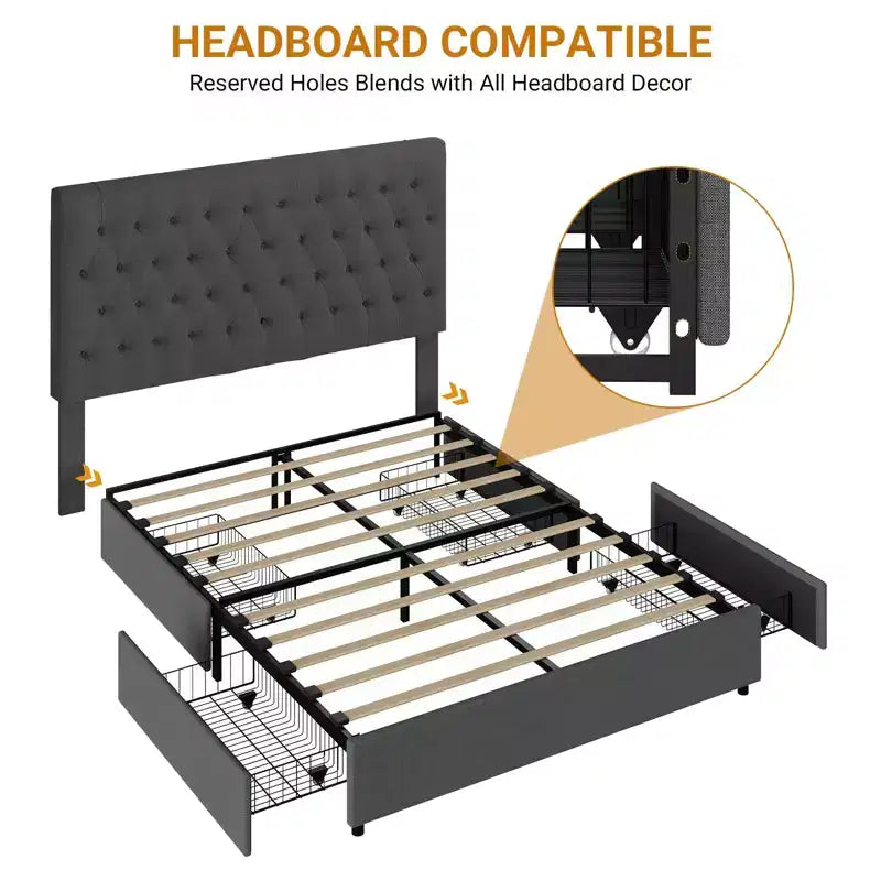 King Size Bed Frame with 4 Storage Drawers, Platform Bed with Linen Fabric Upholstered and Wooden Slats Support, No Box Spring Needed