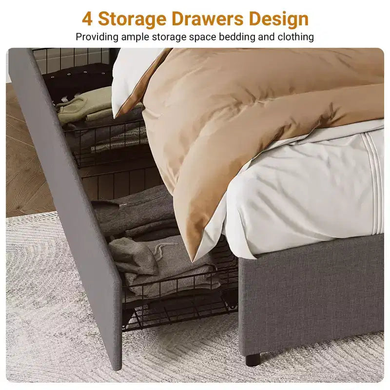 King Size Bed Frame with 4 Storage Drawers, Platform Bed with Linen Fabric Upholstered and Wooden Slats Support, No Box Spring Needed
