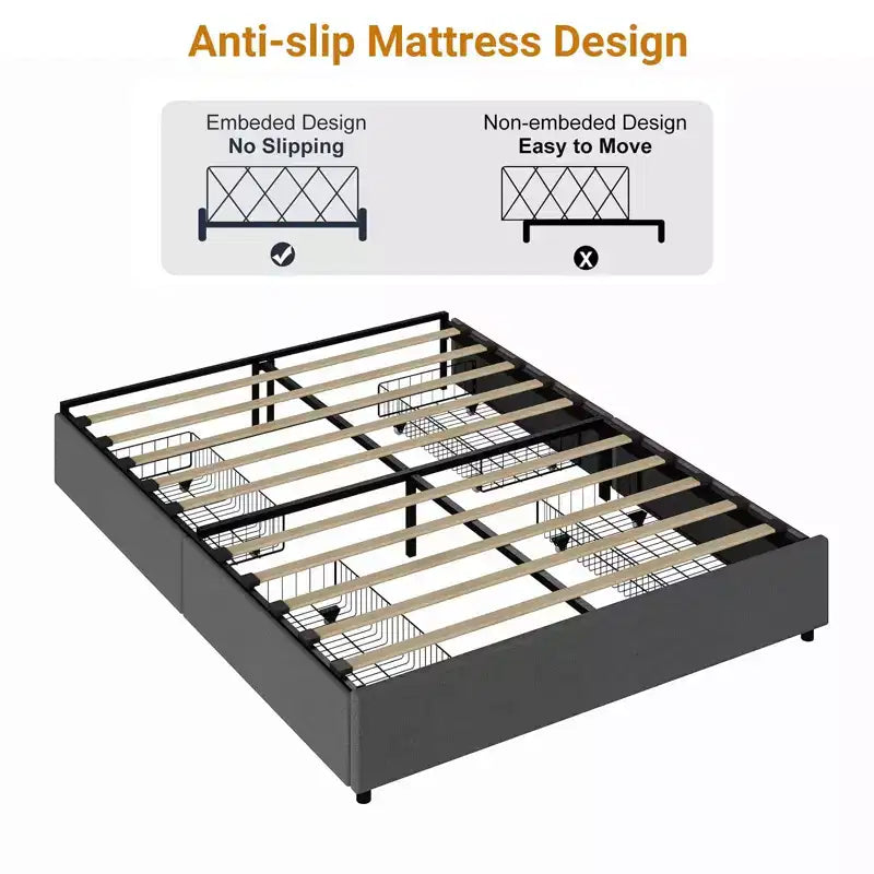 King Size Bed Frame with 4 Storage Drawers, Platform Bed with Linen Fabric Upholstered and Wooden Slats Support, No Box Spring Needed